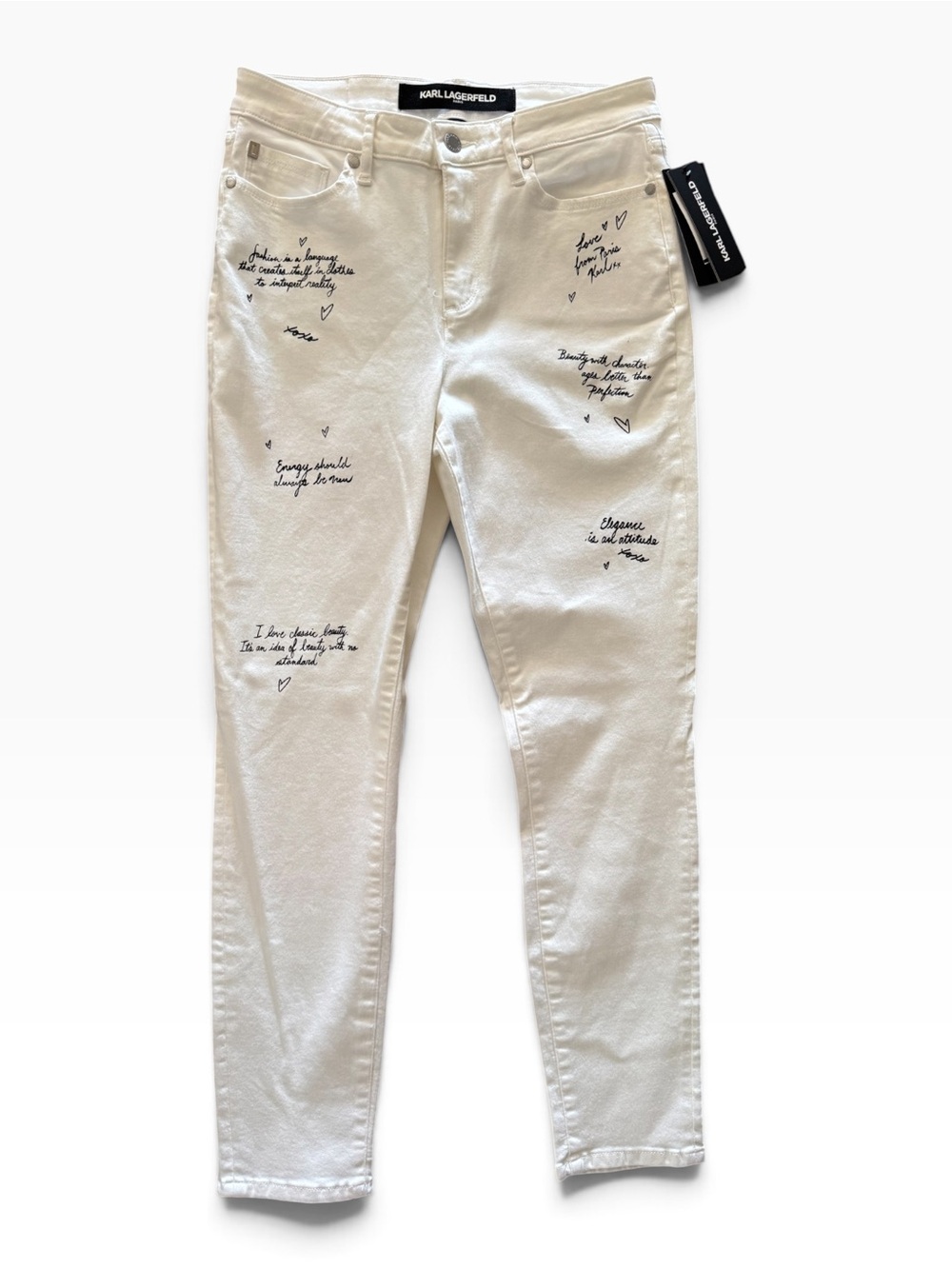 Karl Lagerfeld Paris 'Love from Paris' white jeans, all-over handwriting NWT